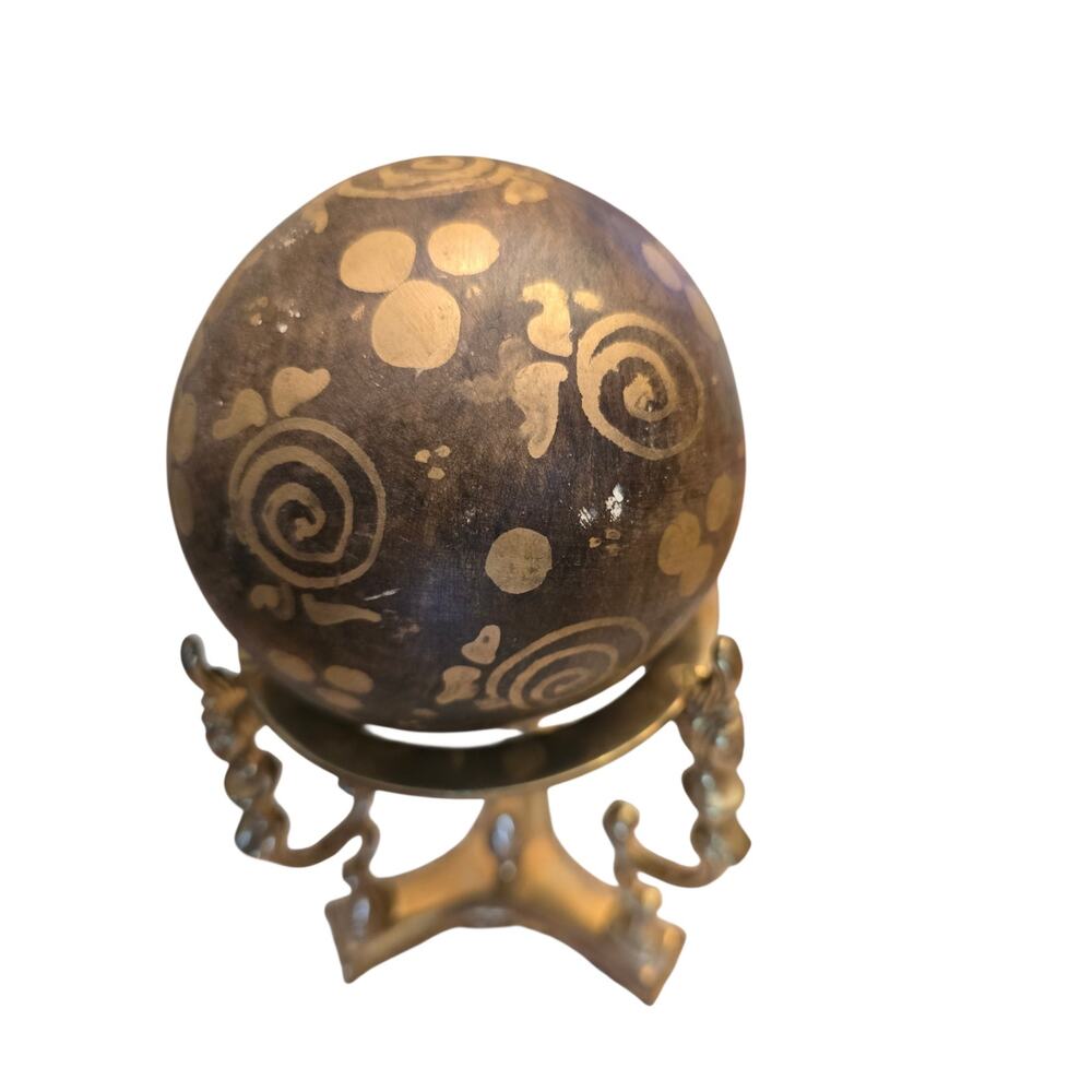Vintage Brass Ball and Brass Tripod Stand With Etched Gold designs